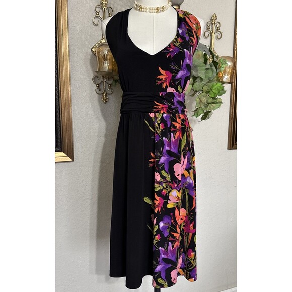 Women’s Halter Dress Black Multicolor Art Floral Mock Elastic Back Size XL - Picture 2 of 14